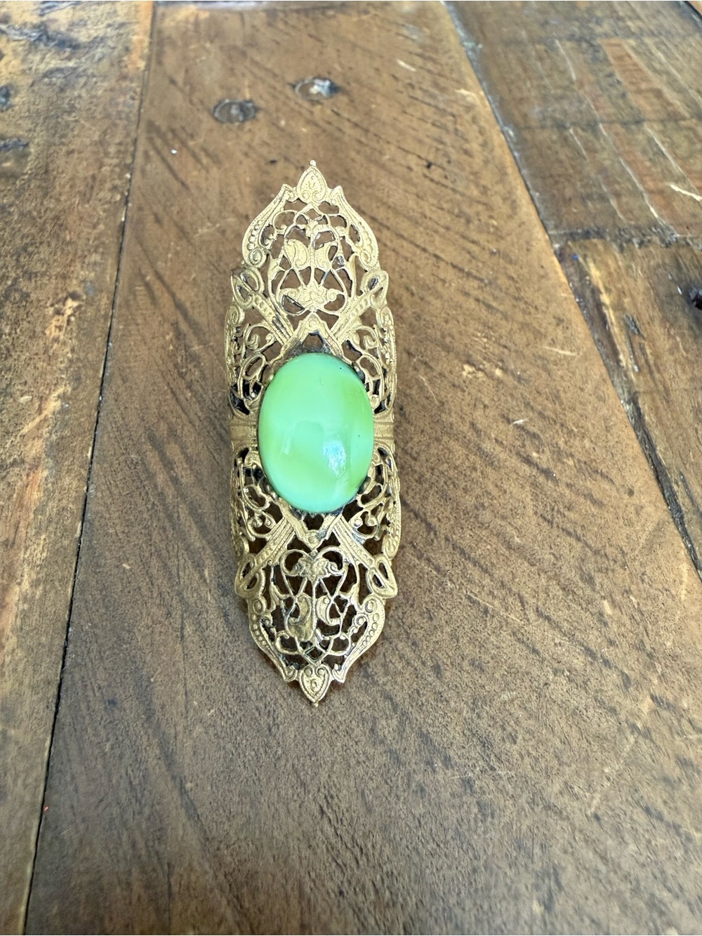 Vintage Brass Filigree Full Finger Armor Ring Oval Light Green Glass Cabochon